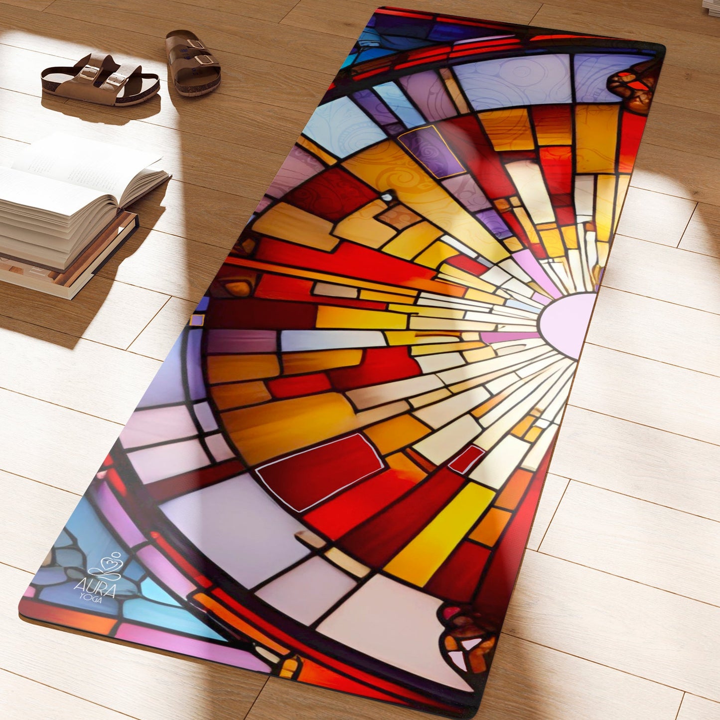 Colorful stained glass-style suede yoga mat on a wooden floor