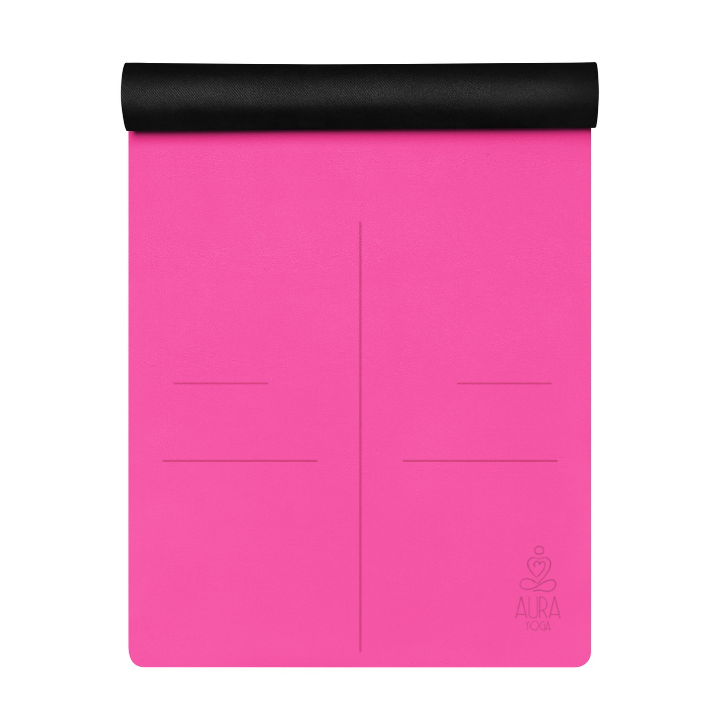 Half rolled up bright pink suede yoga mat with alignment lines and Aura Yoga logo