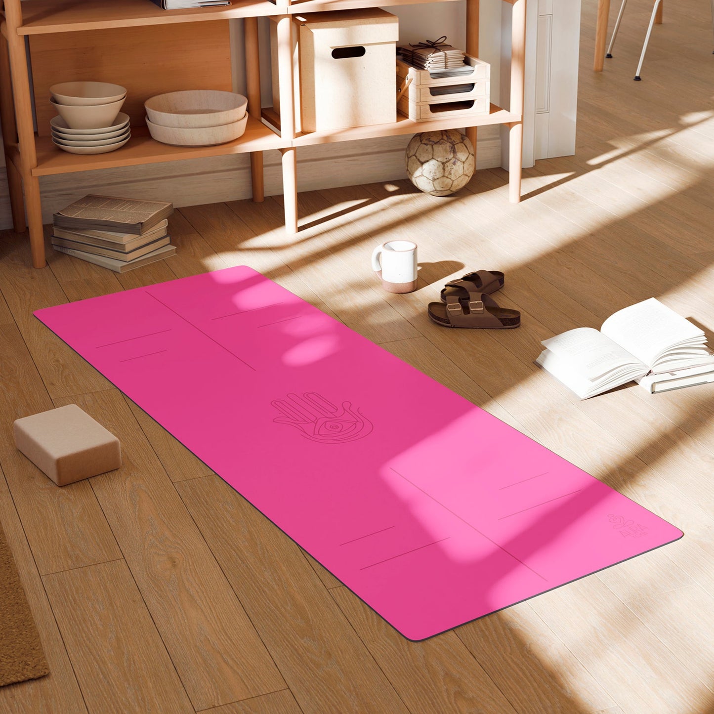 Bright pink suede yoga mat with Hamsa hand line art and alignment lines lying on the wooden floor in the room