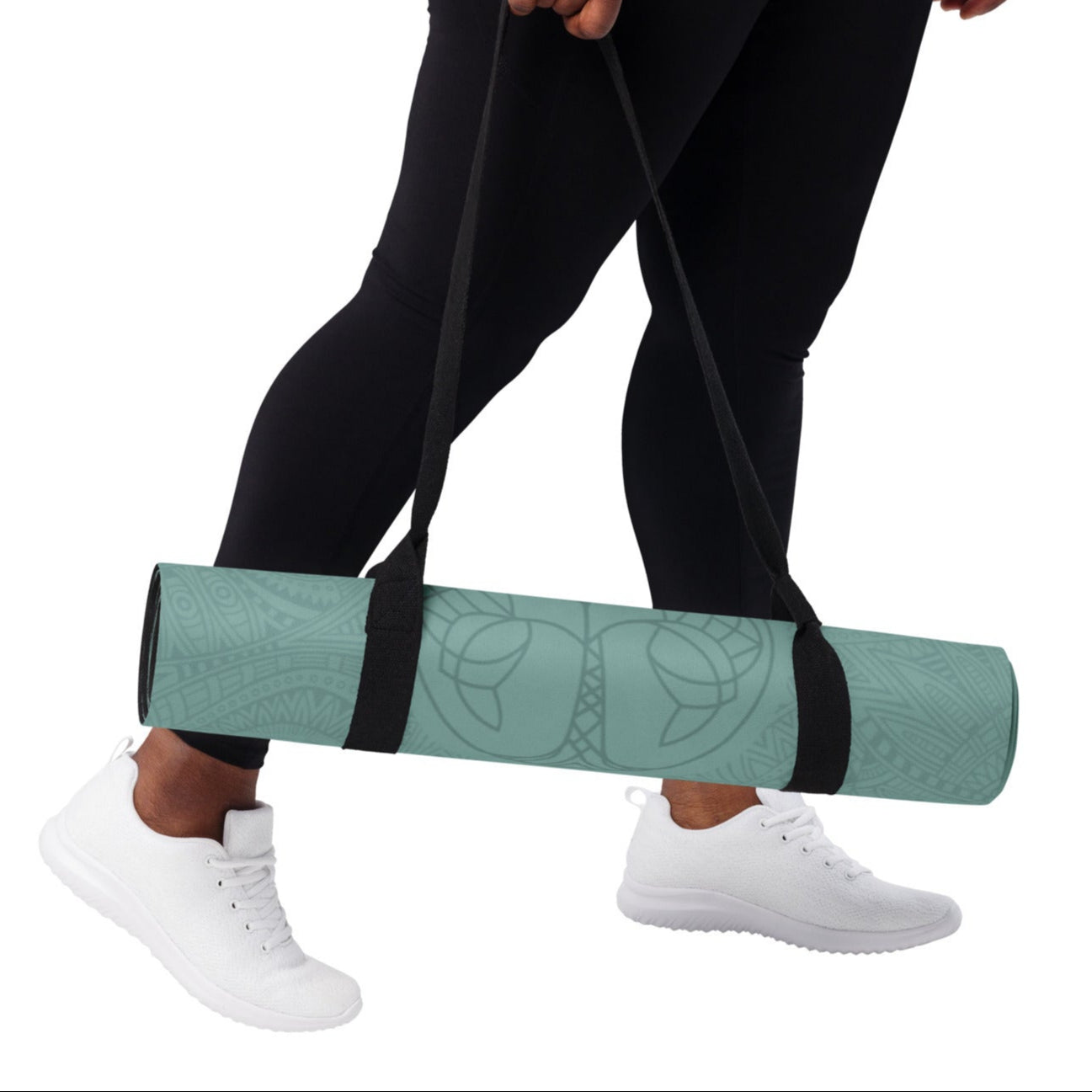 Calm Green suede yoga mat in carrying strap.
