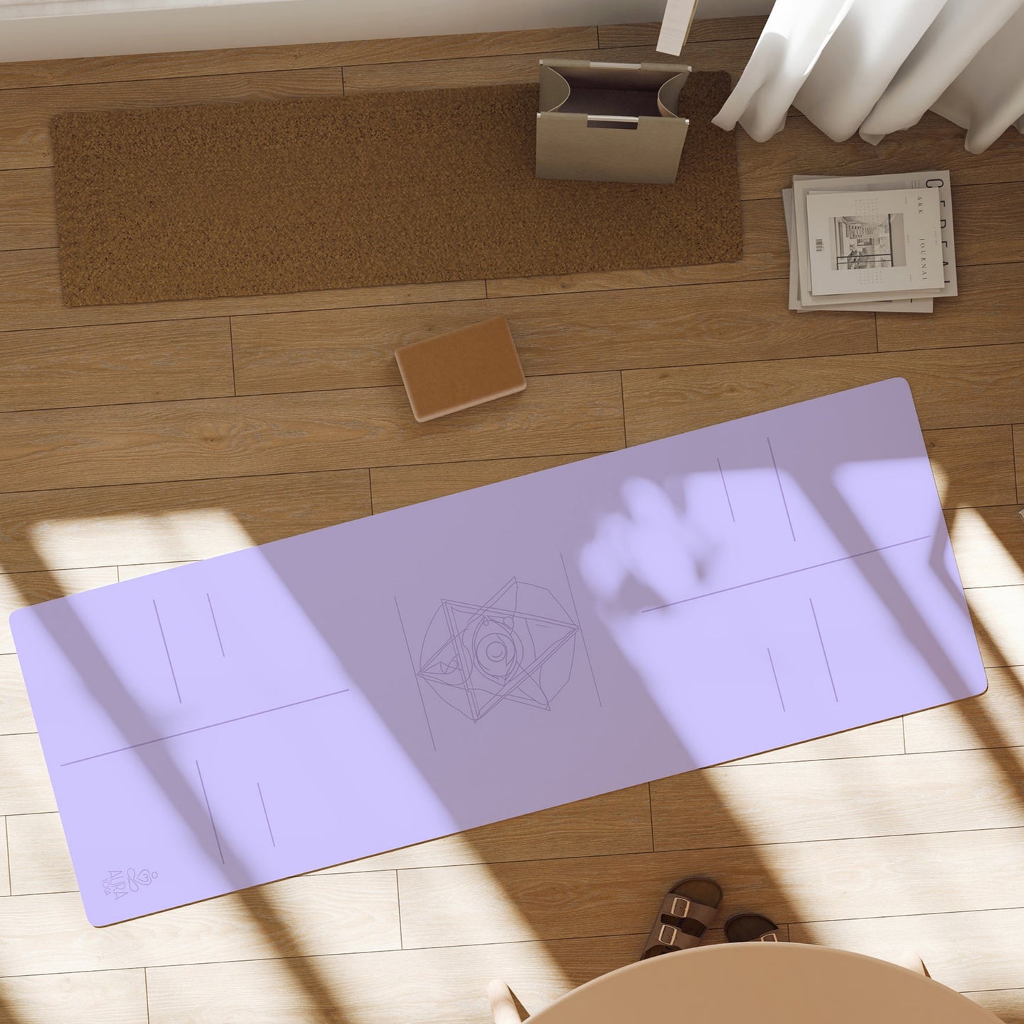 Lavender Suede Yoga Mat with a Third Eye symbol in the center and alignment lines.