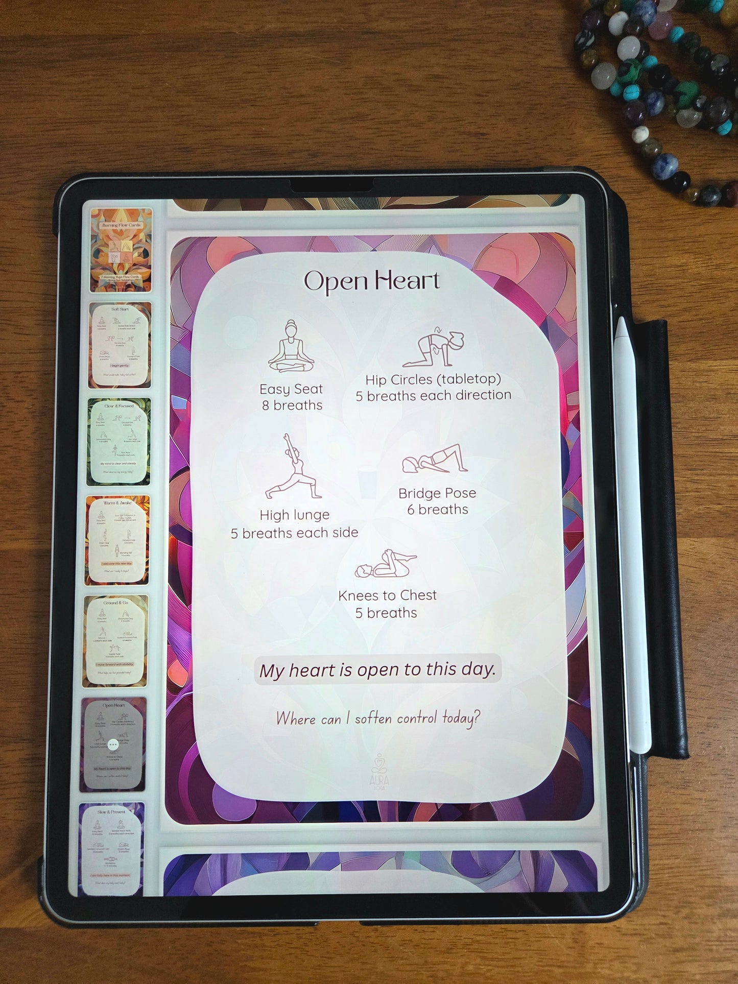 A tablet displaying short yoga flow with short mantra and prompt.