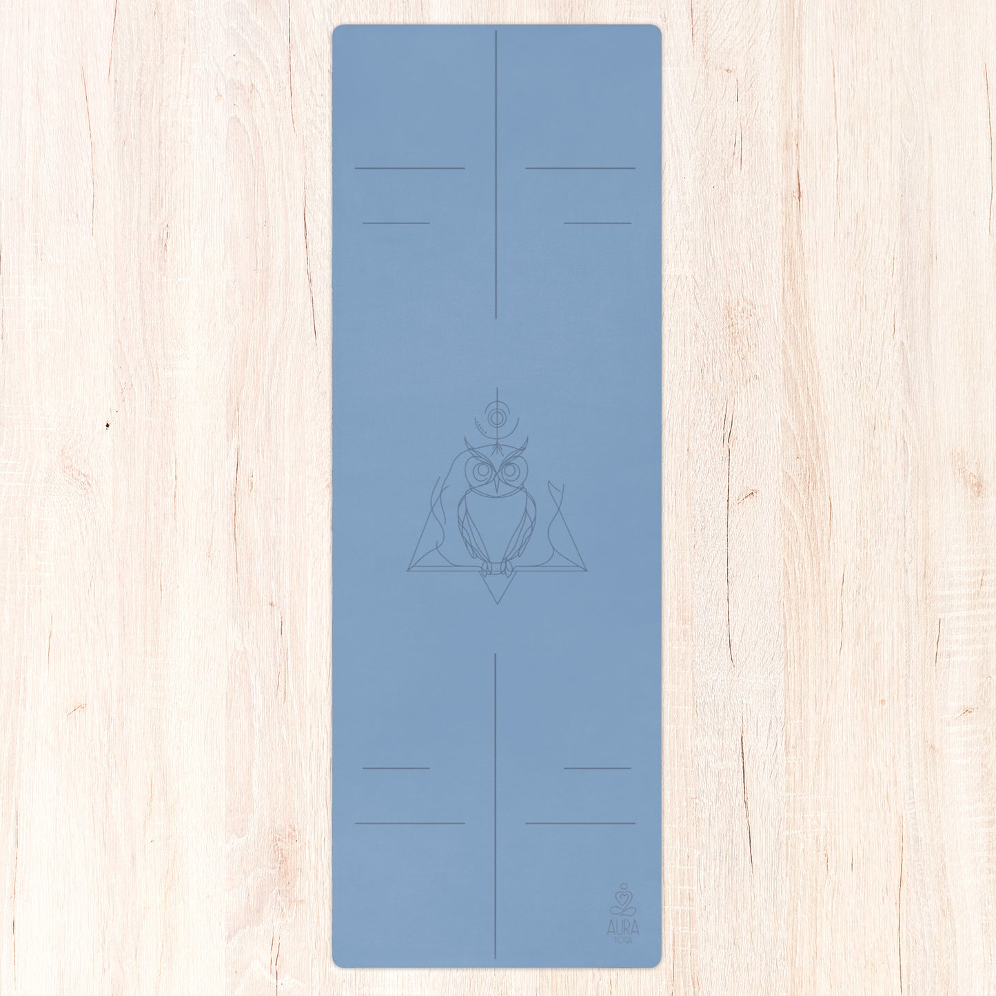 Serene Blue yoga mat with alignment lines and elegant line art owl in the center. Calming blue color encourages relaxation, inner peace and clarity. Enjoy your yoga practice with this non-toxic and non-slip yoga mat.