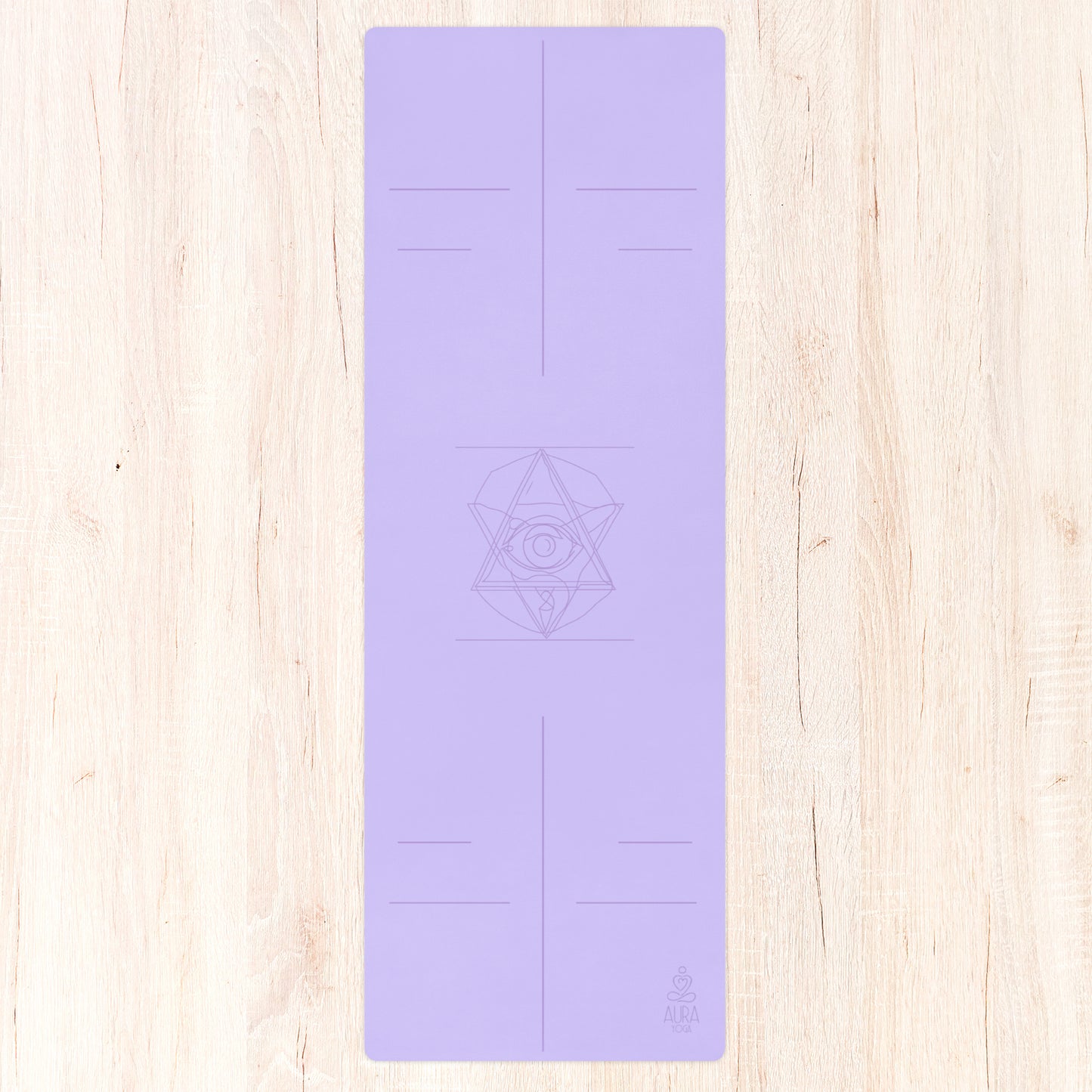 Lavender Suede Yoga Mat with a Third Eye symbol in the center and alignment lines.