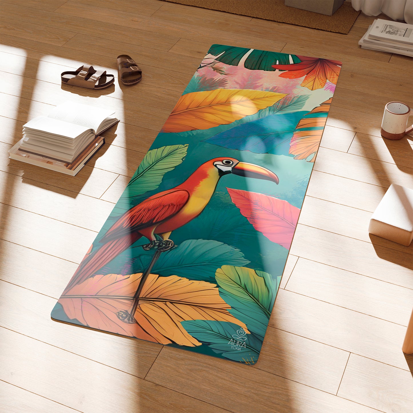 Colorful yoga mat with a tropical design on a wooden floor.