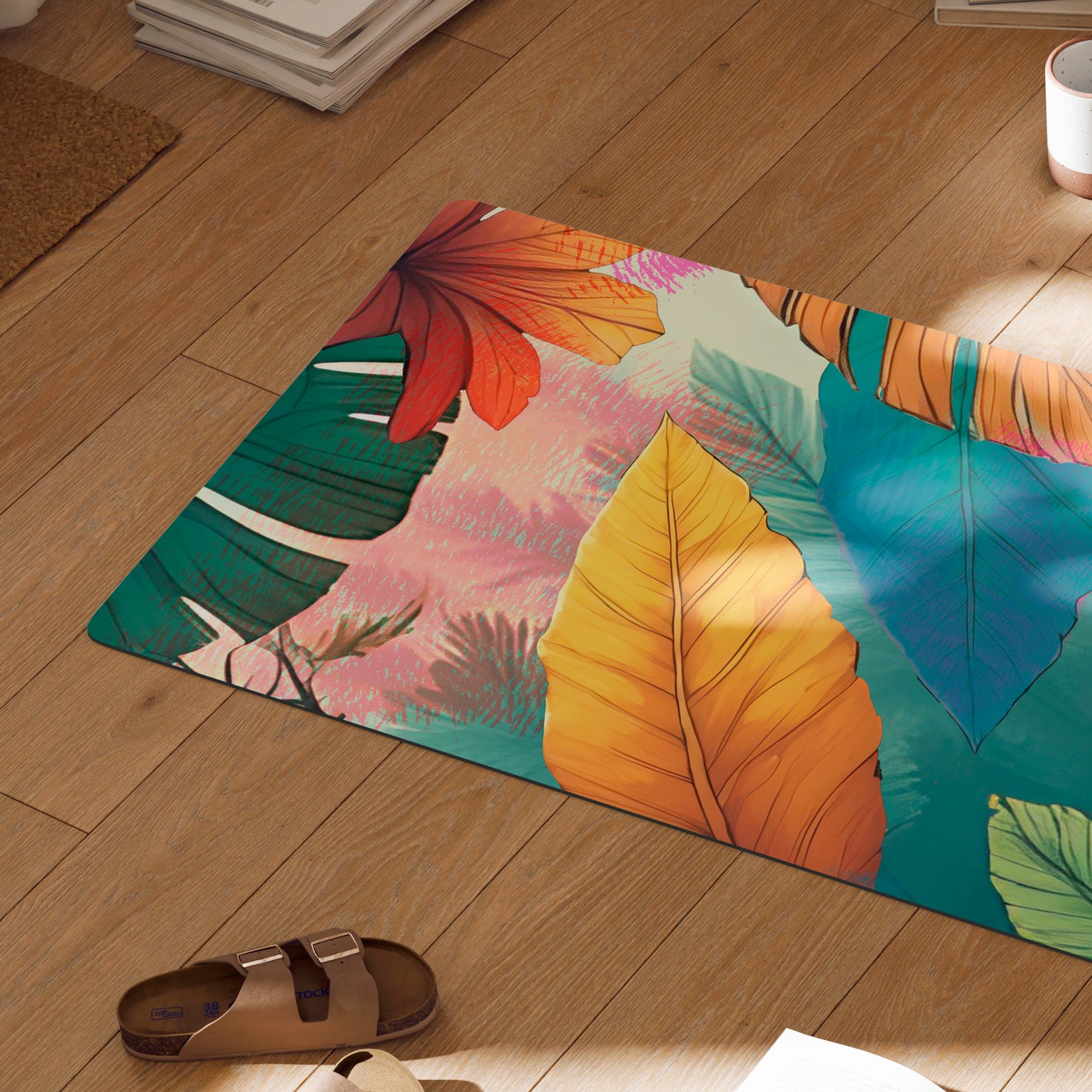 Vibrant yoga mat with tropical design.