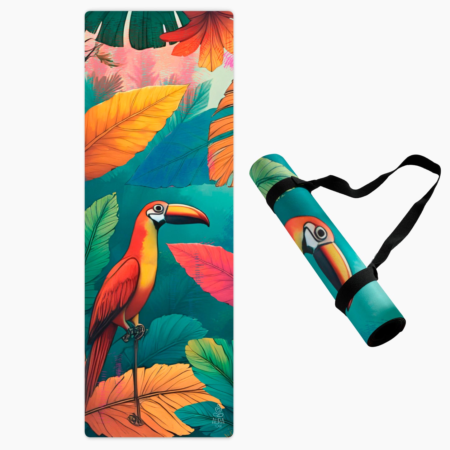 Yoga mat with tropical leaf and parrot design, rolled up with strap on white background