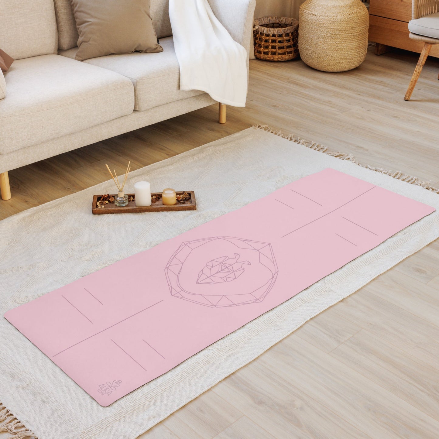 Hues of Comfort collection, soft pink suede yoga mat with rubber bottom. In the middle is centered sacred geometry heart representing harmony, balance, and universal love.