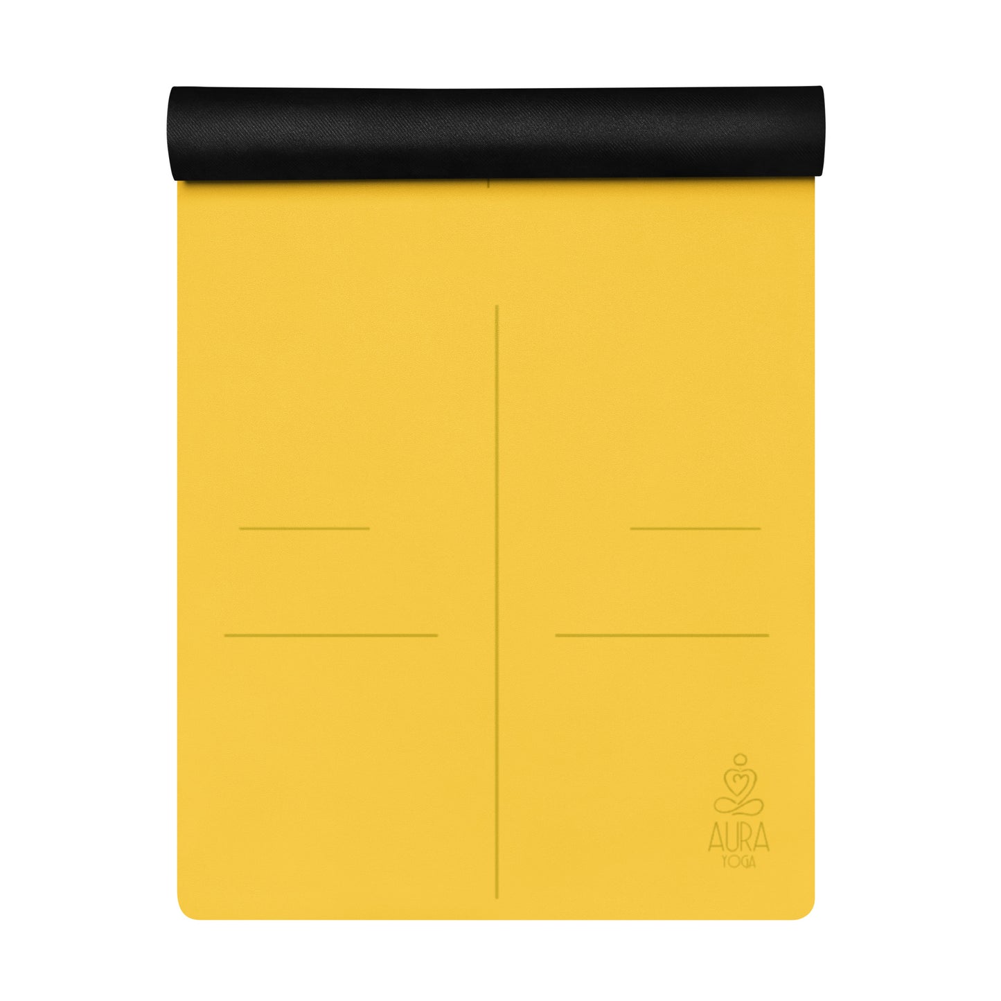 Detail of a yellow suede yoga mat with alignment lines and Aura Yoga logo