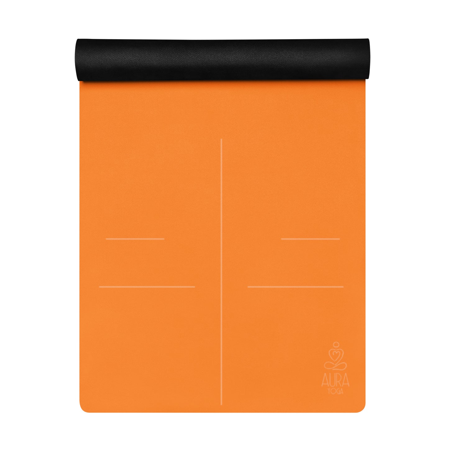 Detail of an orange suede yoga mat with alignment lines and Aura Yoga logo