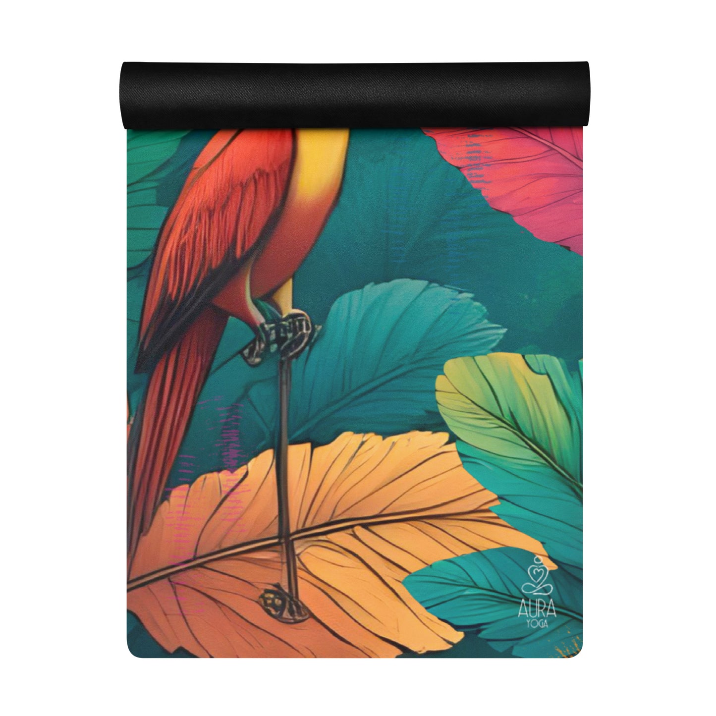Close detail of the yoga mat with vibrant tropical design.