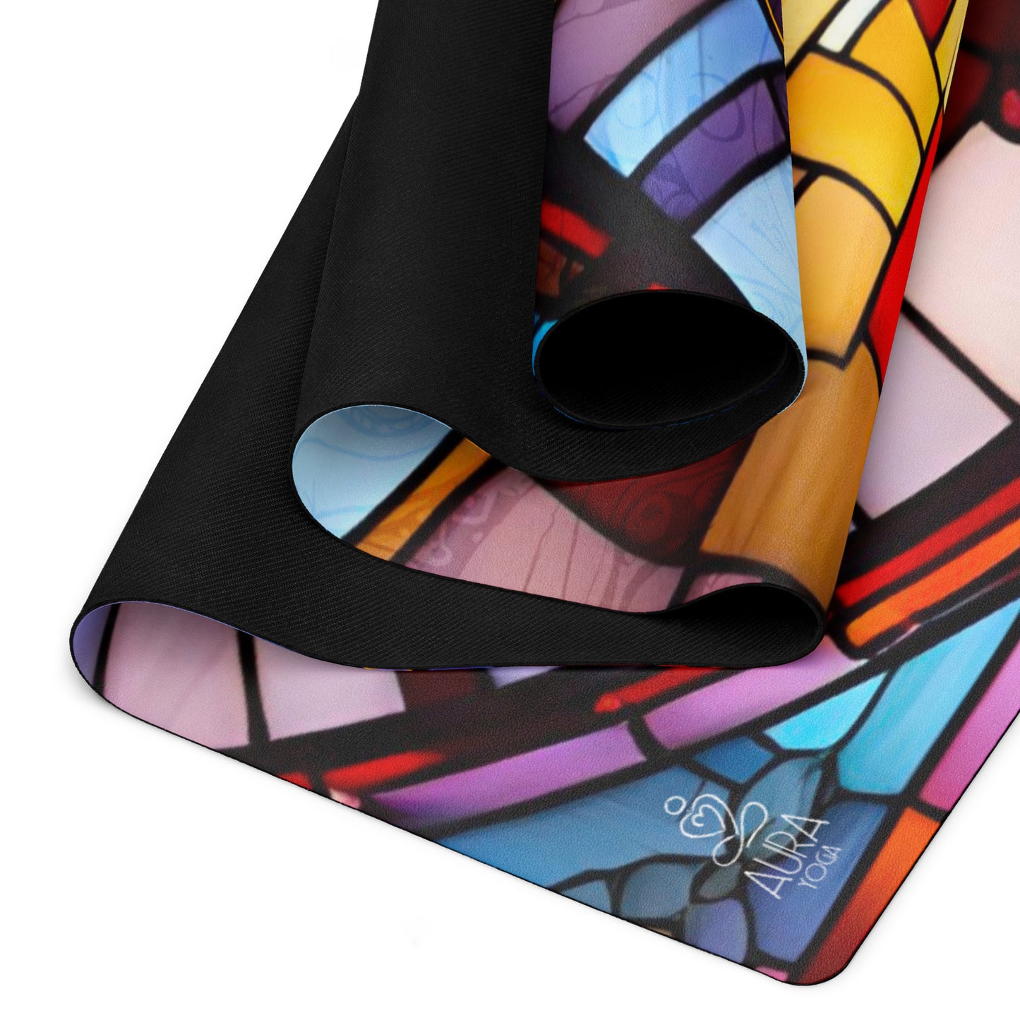 Detail of vibrant Aura Mosaic suede yoga mat with anti-slip rubber bottom.