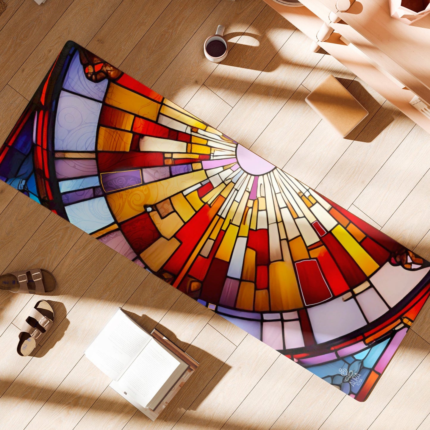 Colorful stained glass-style suede yoga mat on a wooden floor with a coffee cup and books in the background.