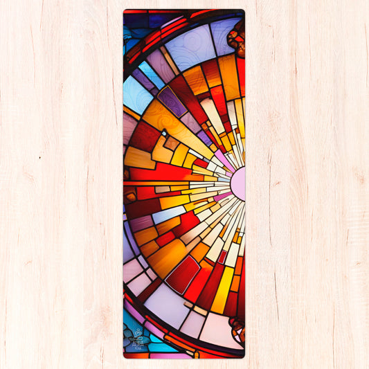 Colorful stained glass design yoga mat on a wooden surface