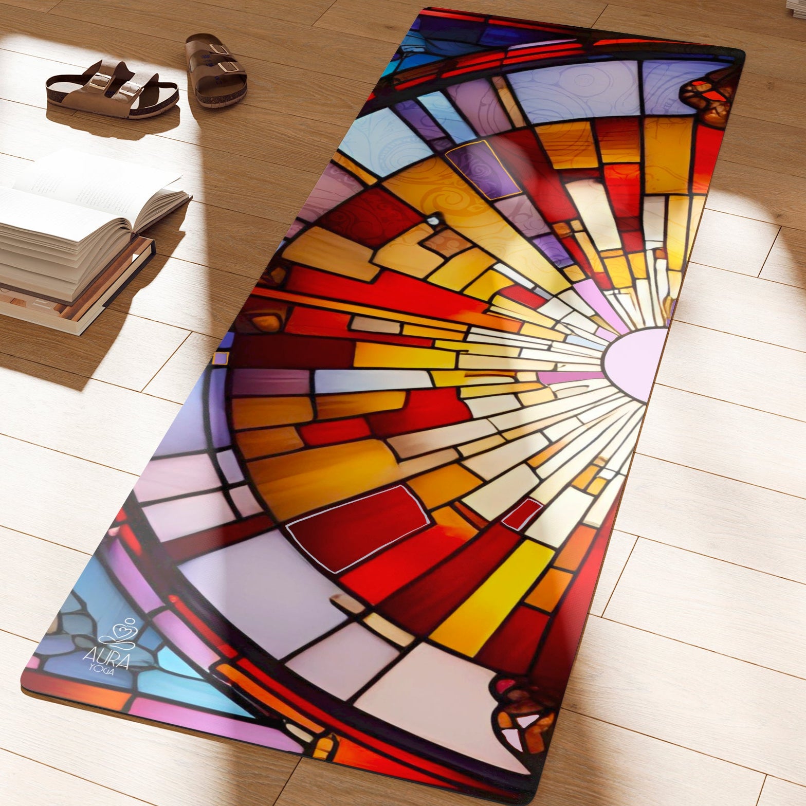 Colorful stained glass-style suede yoga mat on a wooden floor