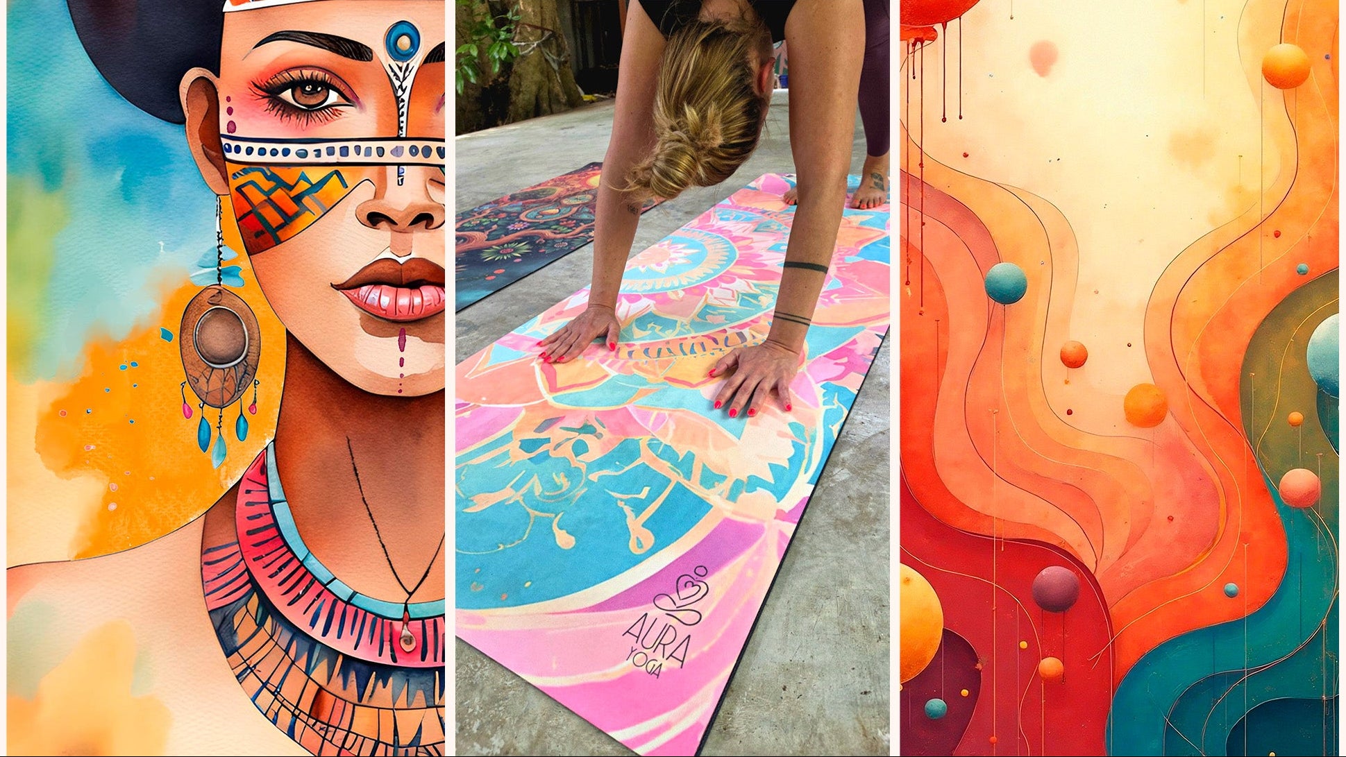 Collage of a colorful yoga mat with abstract design, a person using the mat, and a stylized illustration of a woman.