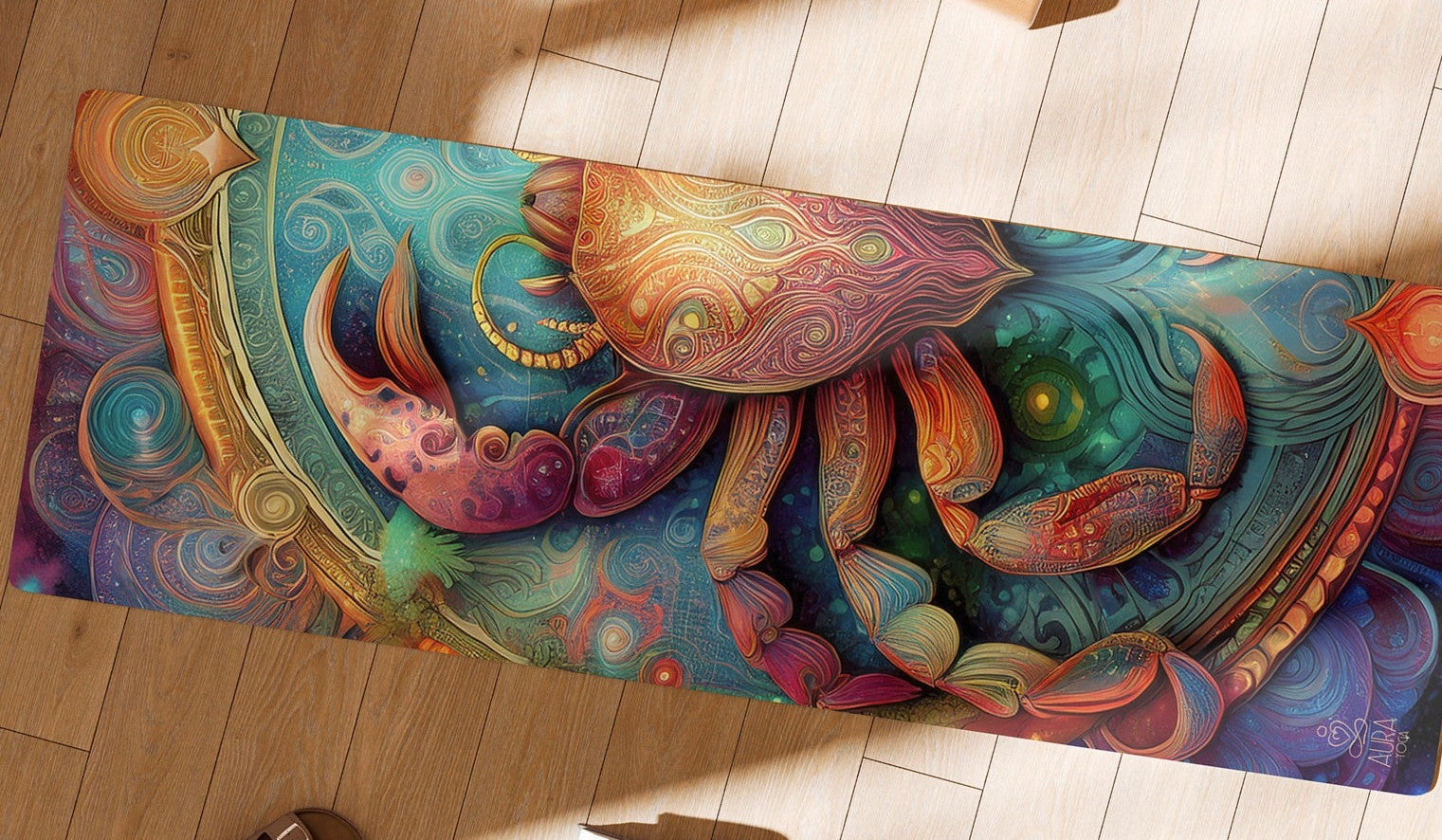 Colorful abstract design rug on a wooden floor with a cup and sandals in the background.