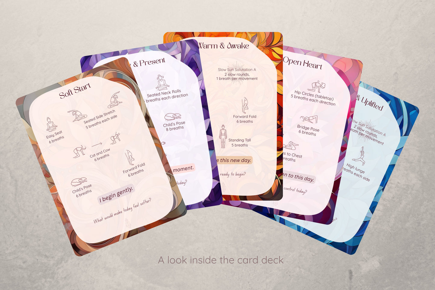 Yoga flows Card deck with various cards on a textured surface