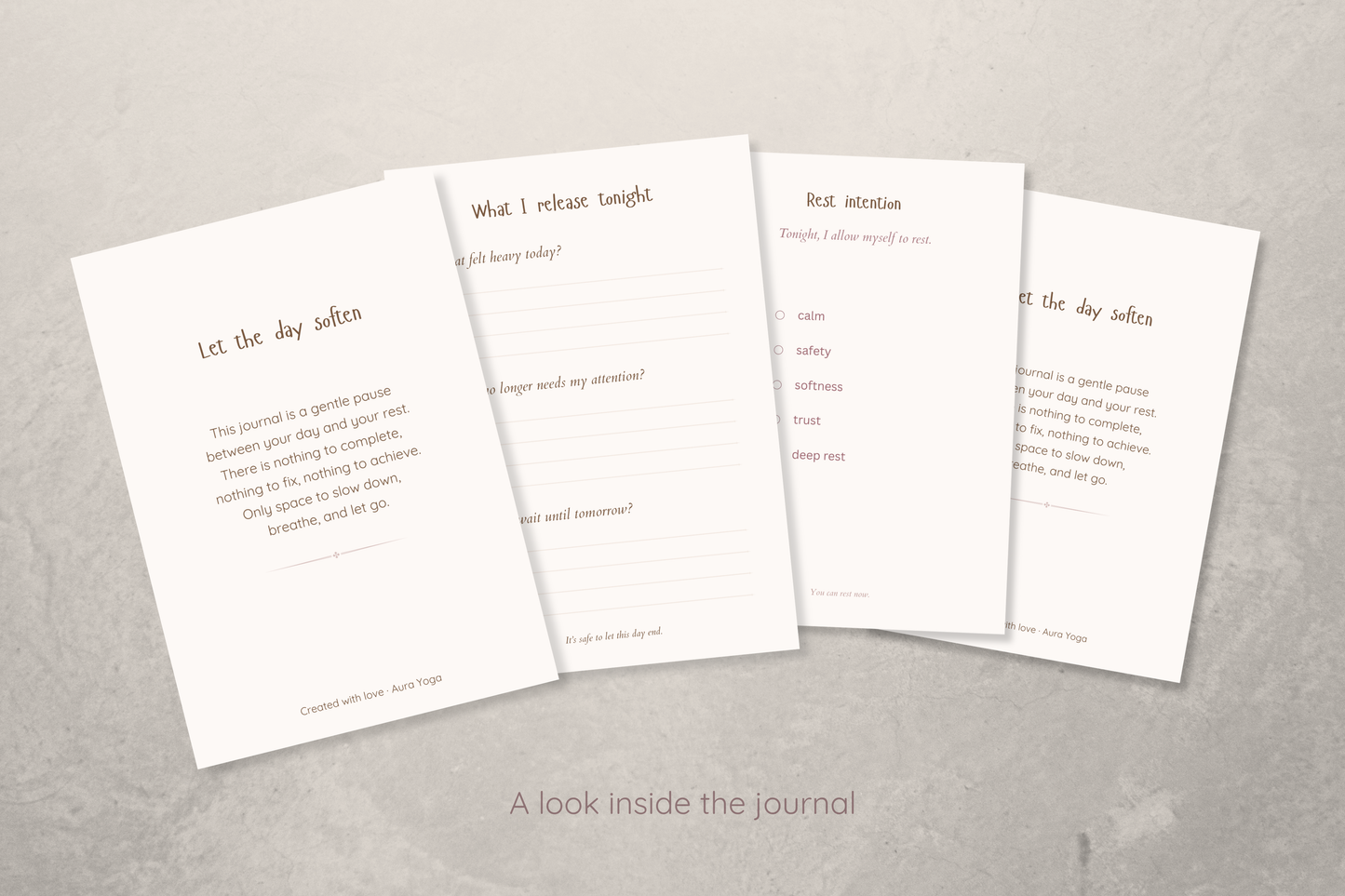 A look inside of a evening mindful journal, minimalistic style for daily wind down.