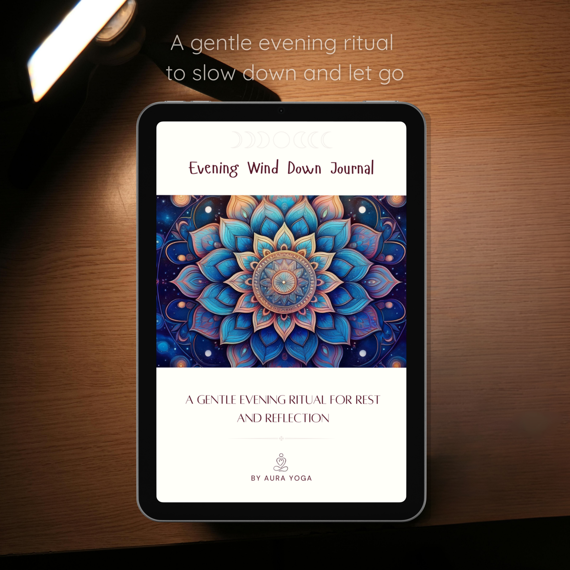 Digital evening wind down journal on a tablet screen, for rest and reflection at the end of the day.