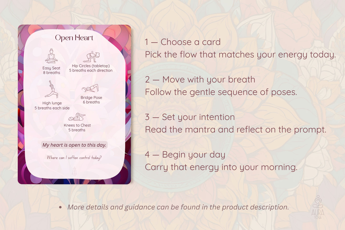 Card with yoga poses and instructions on a soft floral background