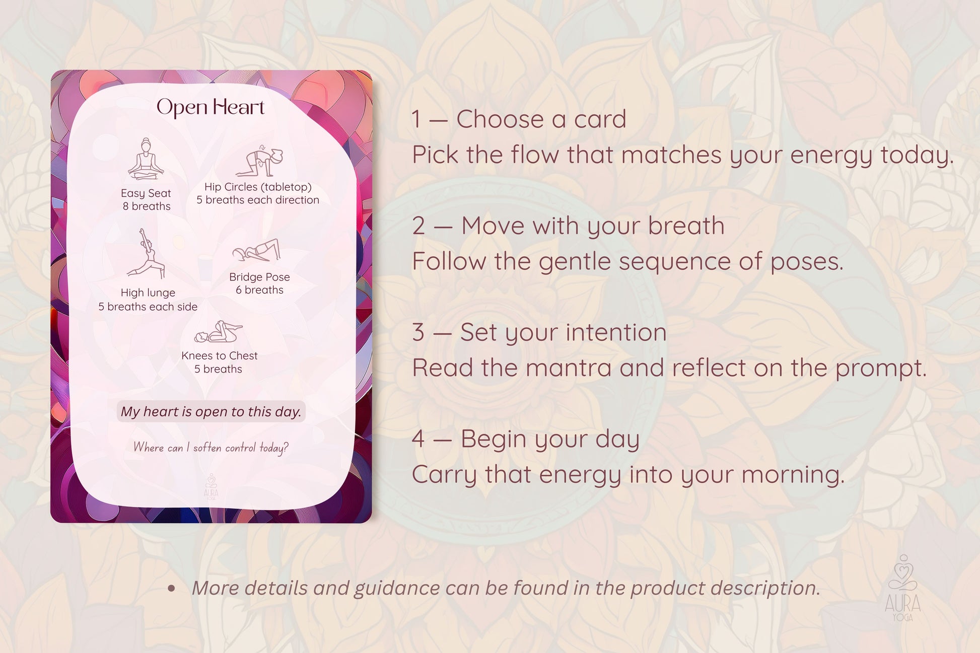 Card with yoga poses and instructions on a soft floral background