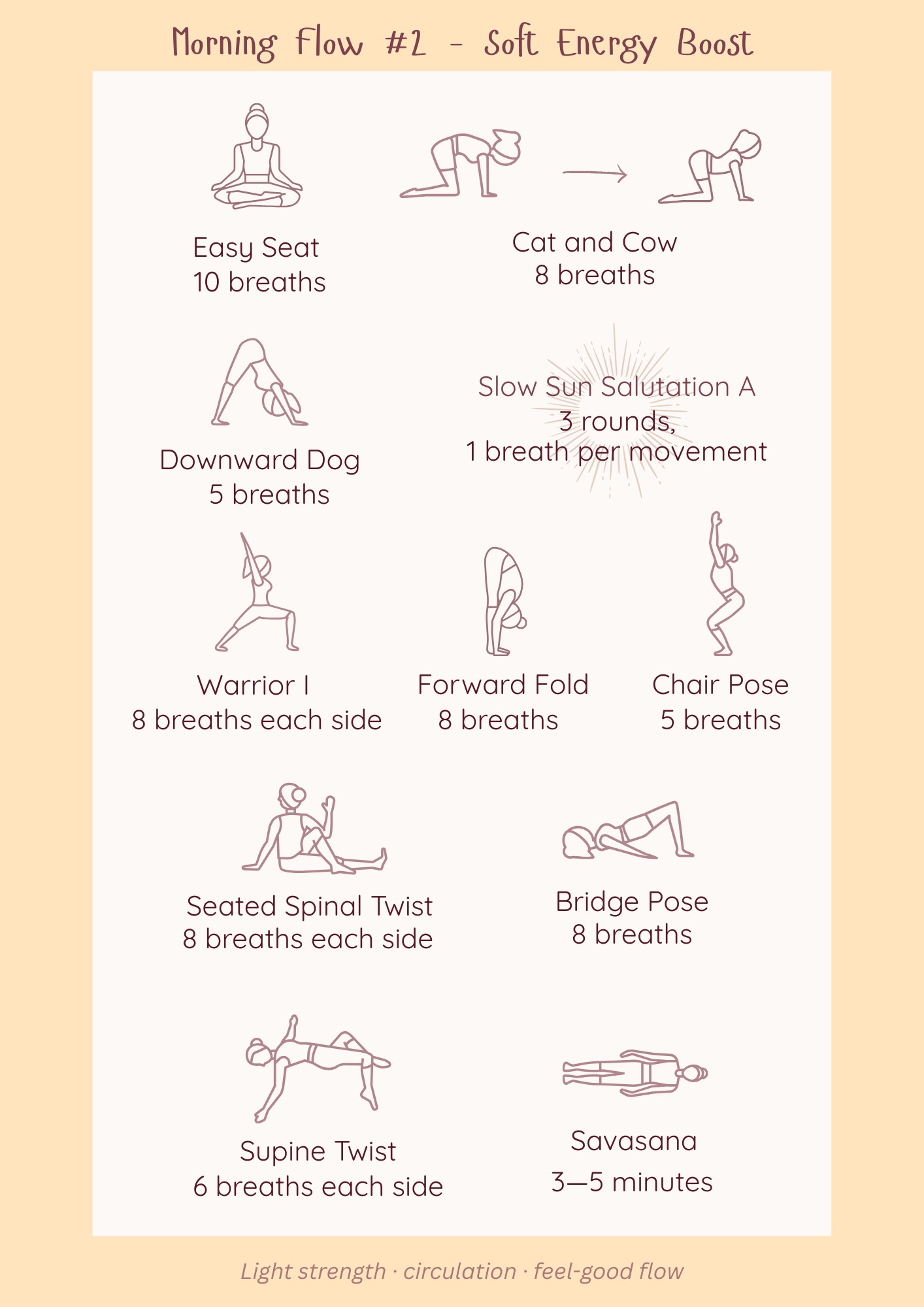 Gentle soft energy boost yoga flow with illustrated poses and breath-based instructions.