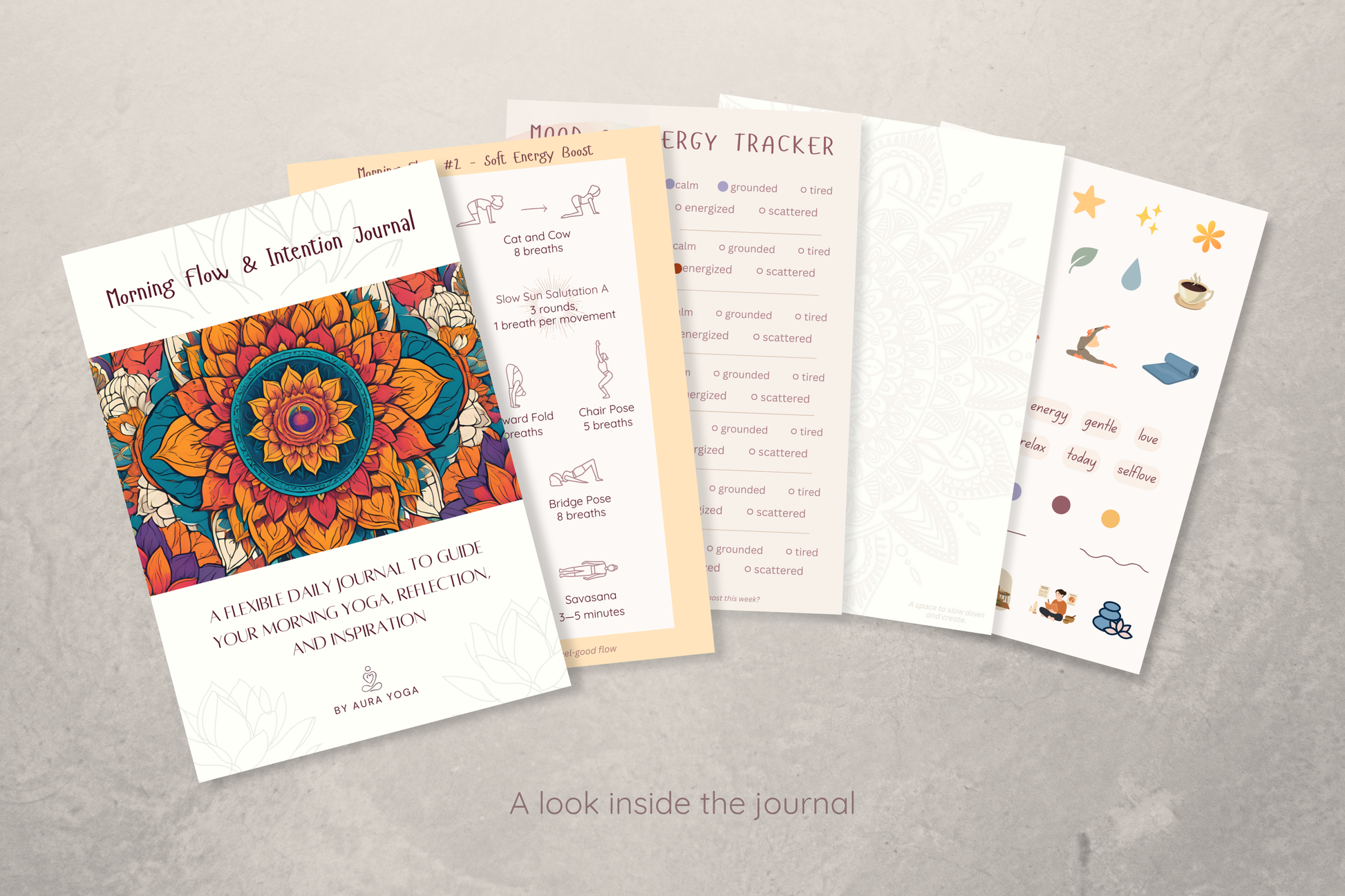 Pages from the morning yoga journal with mandala design title page to have a look what is inside the journal.