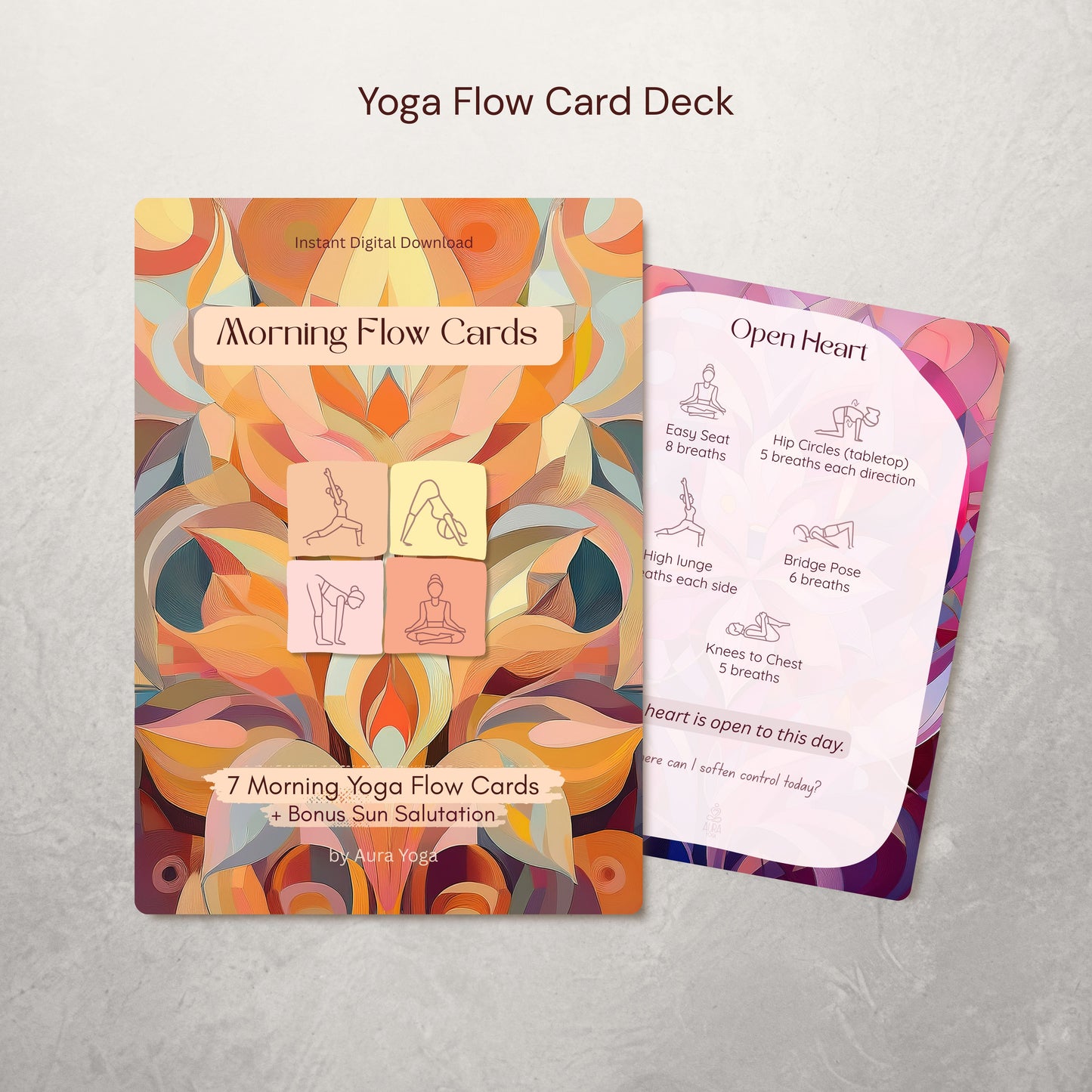 Yoga Flow Card Deck with colorful packaging and a sample card on a gray background