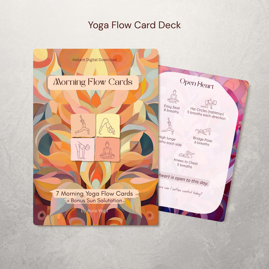 Yoga Flow Card Deck with colorful packaging and a sample card on a gray background