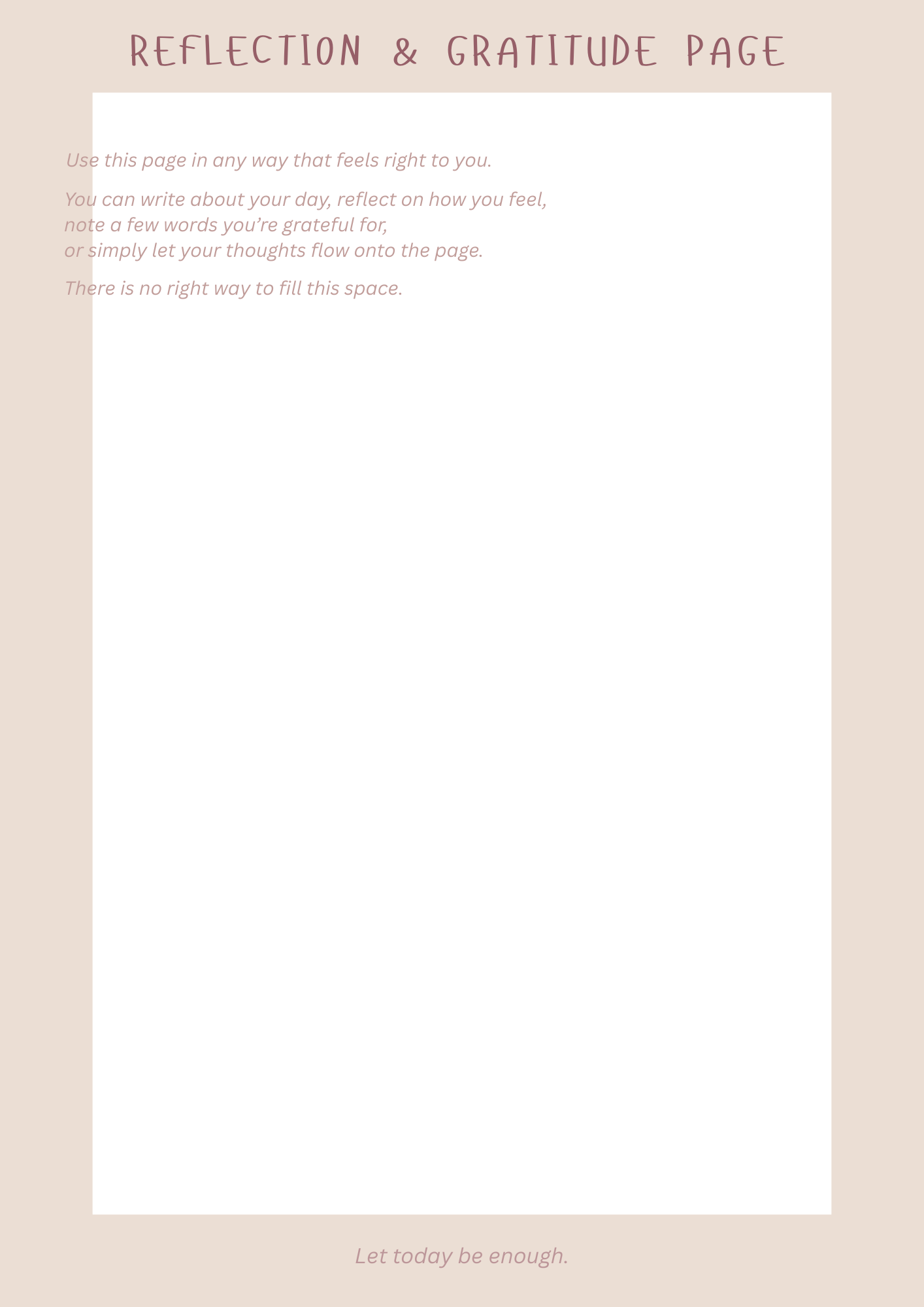 Blank reflection and gratitude page with text instructions, page from the morning yoga flow journal.