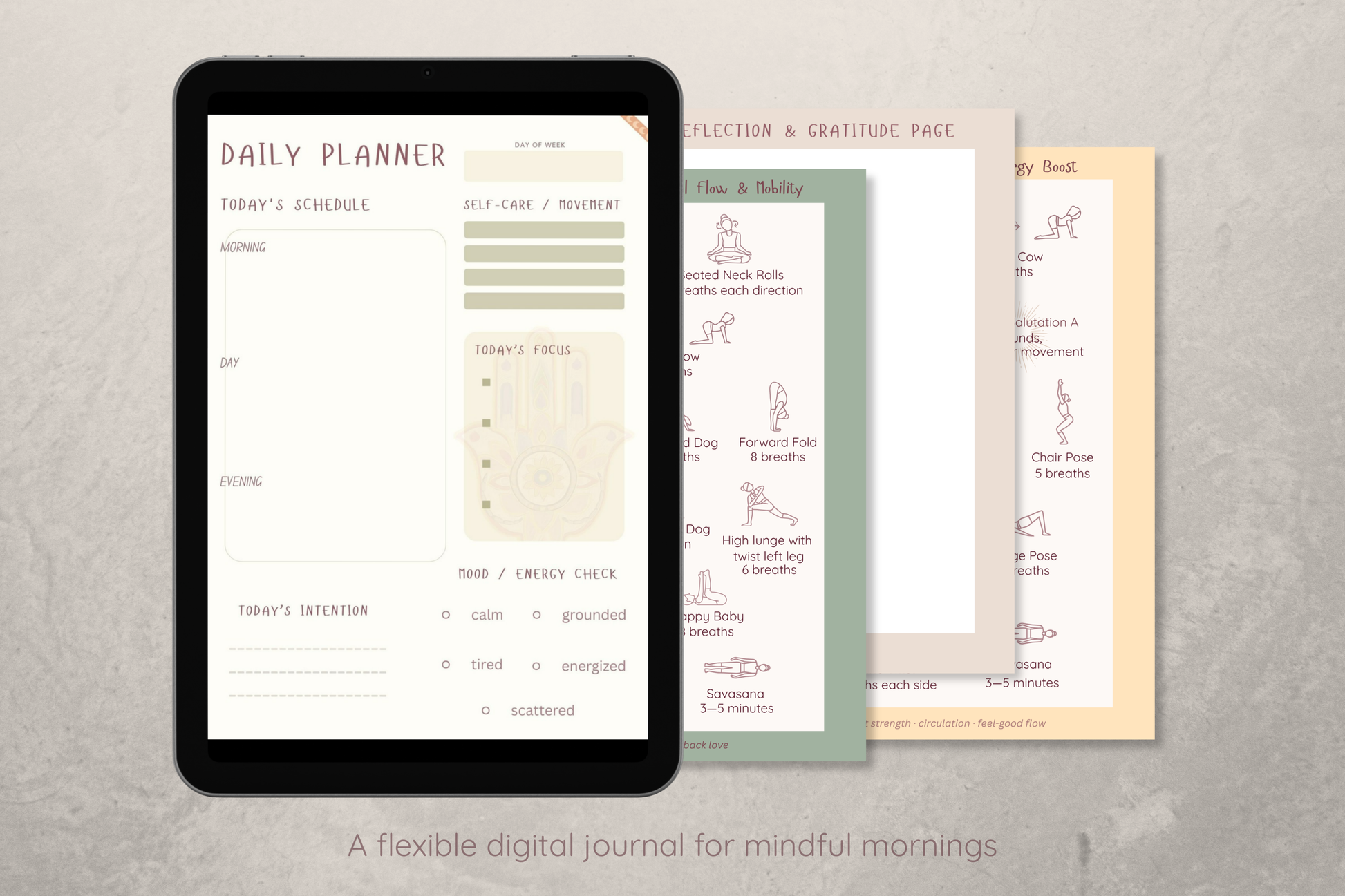 Digital morning yoga flow journal on a tablet with various pages to see what is inside the journal.