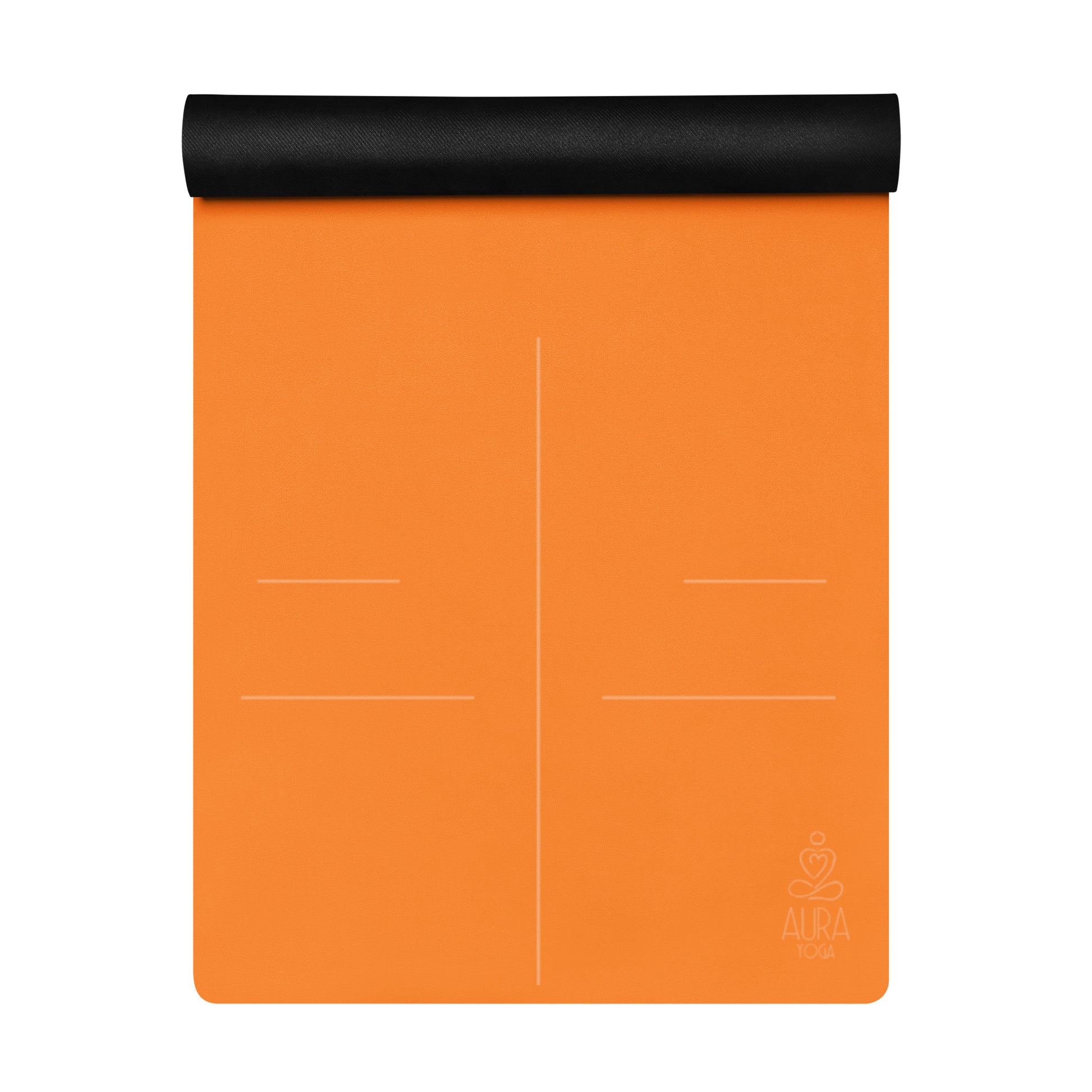 Rolled orange yoga mat with alignment lines, eco-friendly materials and plastic-free packaging