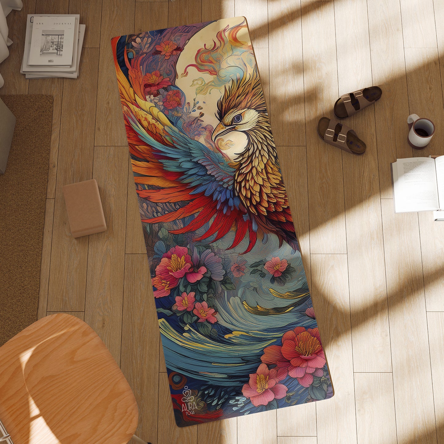 Non slip yoga mat with a phoenix design on a wooden floor.