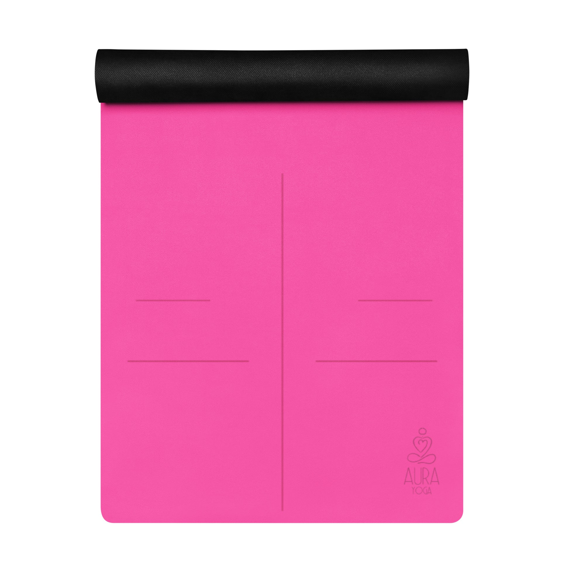 Close-up of microfiber suede surface and alignment lines on pink yoga mat, non-slip grip improving with sweat.