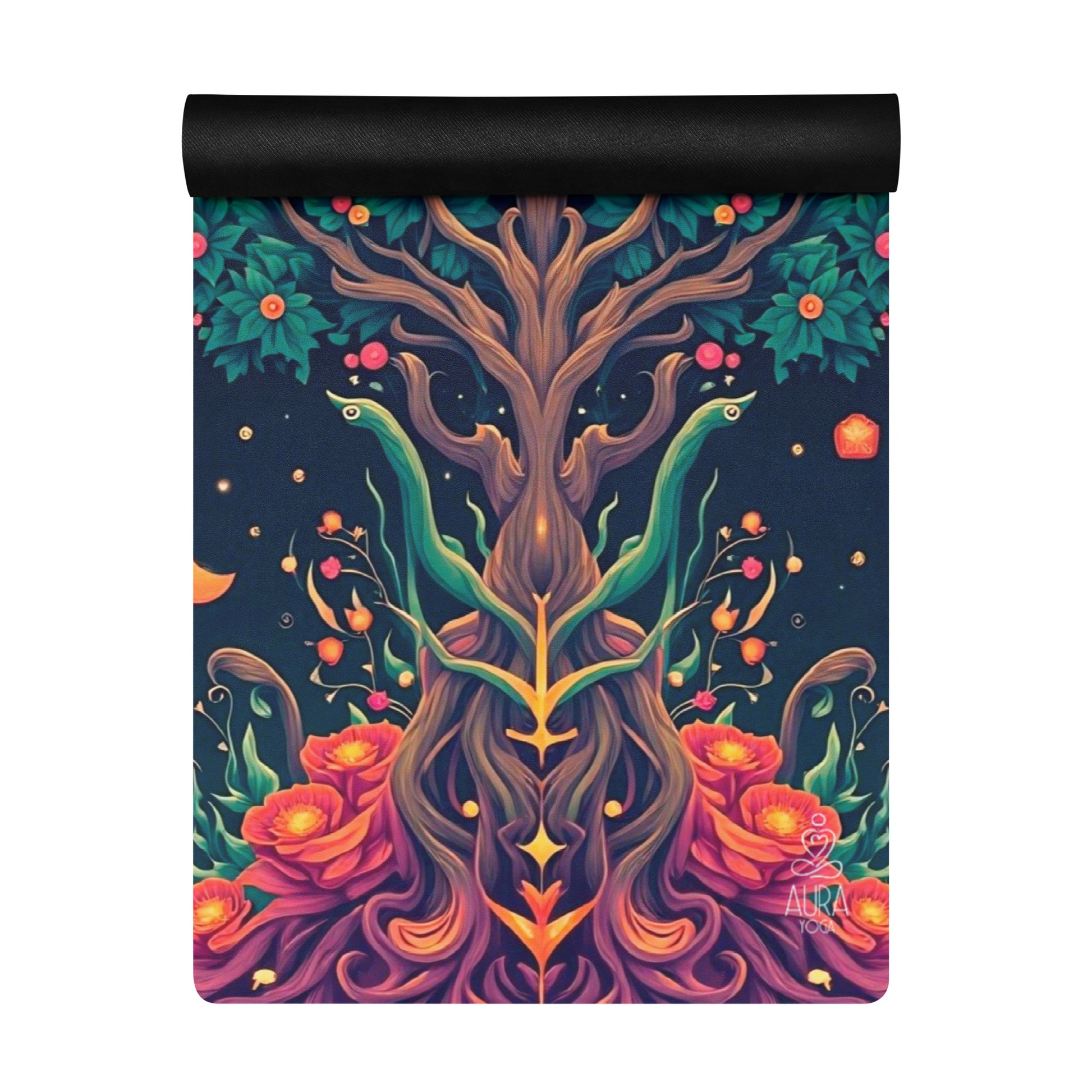 Detailed view of tree of life artwork printed on soft microfiber suede yoga mat