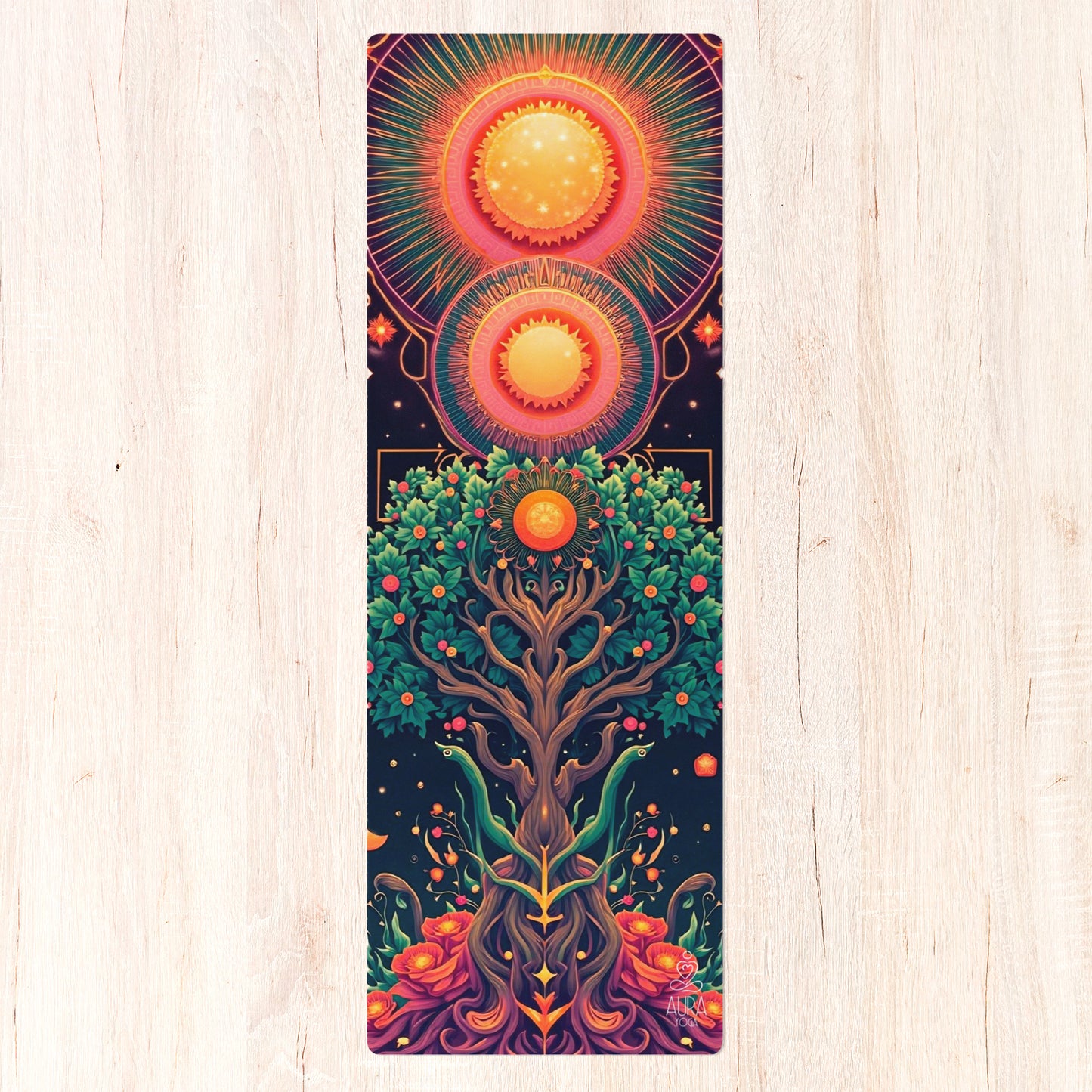 Sacred Tree of Life yoga mat with symbolic tree and radiant energy artwork by Aura Yoga shop