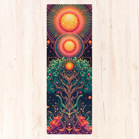 Sacred Tree of Life yoga mat with symbolic tree and radiant energy artwork by Aura Yoga shop