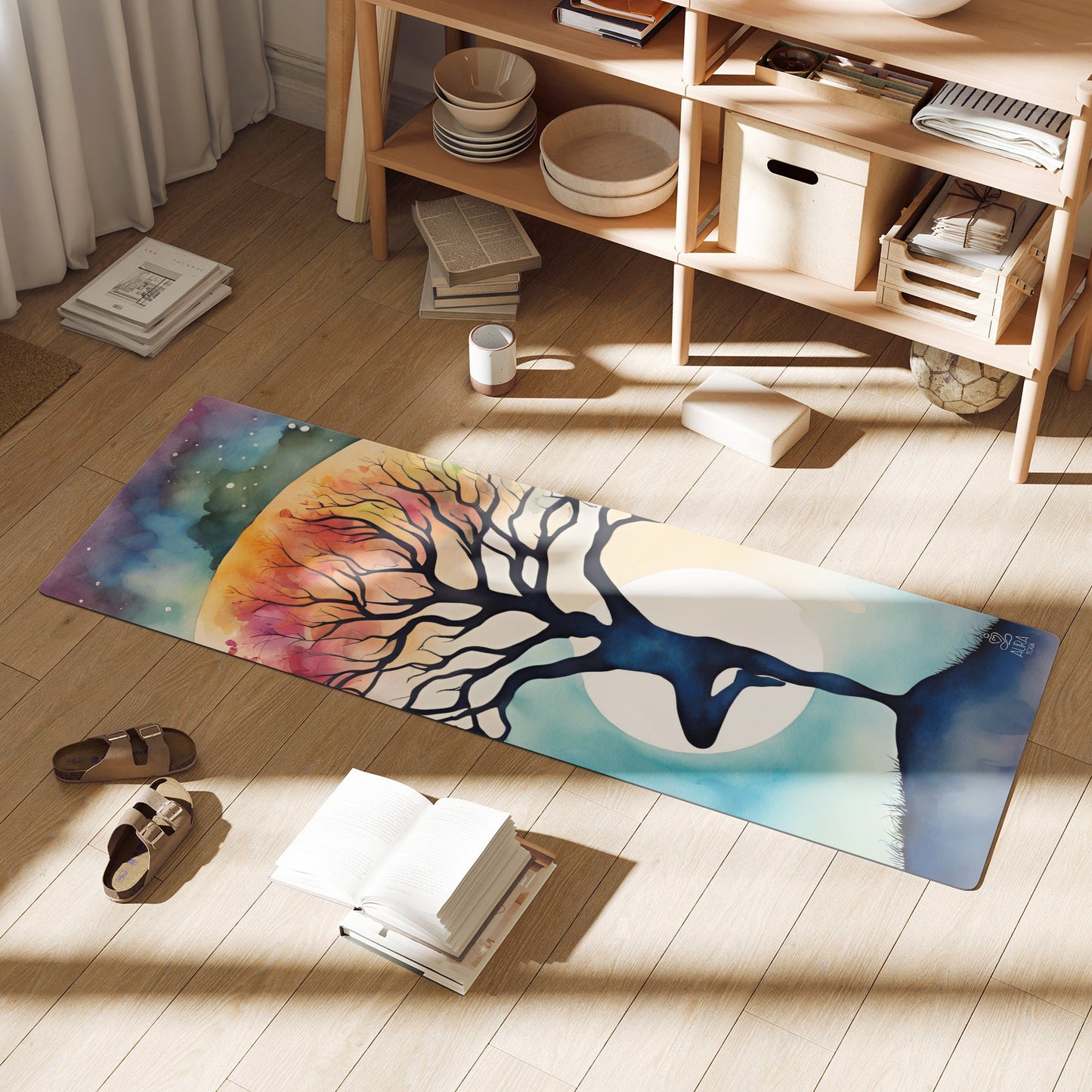 Tree Pose yoga mat in a calm home yoga space, artistic and vibrant design