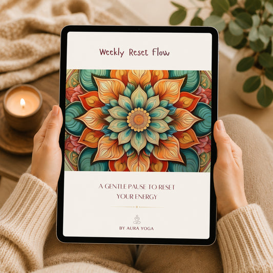 Person holding a tablet with a 'Weekly Reset Flow' by Aura Yoga app on a cozy setting with a candle and plant.