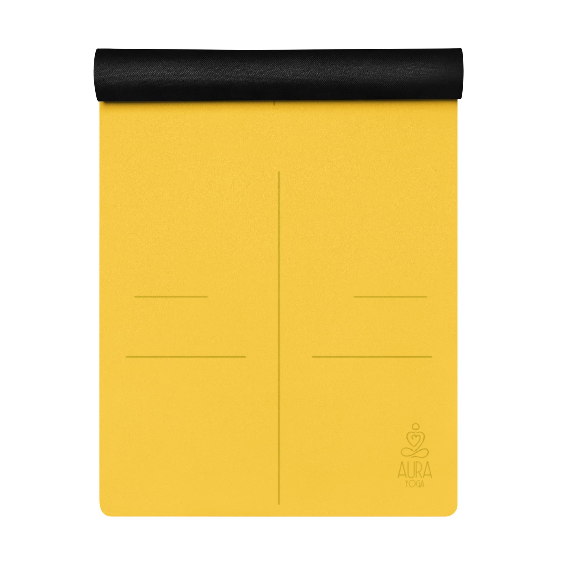 Close-up of rolled microfibre suede yoga mat and alignment lines on radiant yellow yoga mat, non-slip grip improving with sweat.