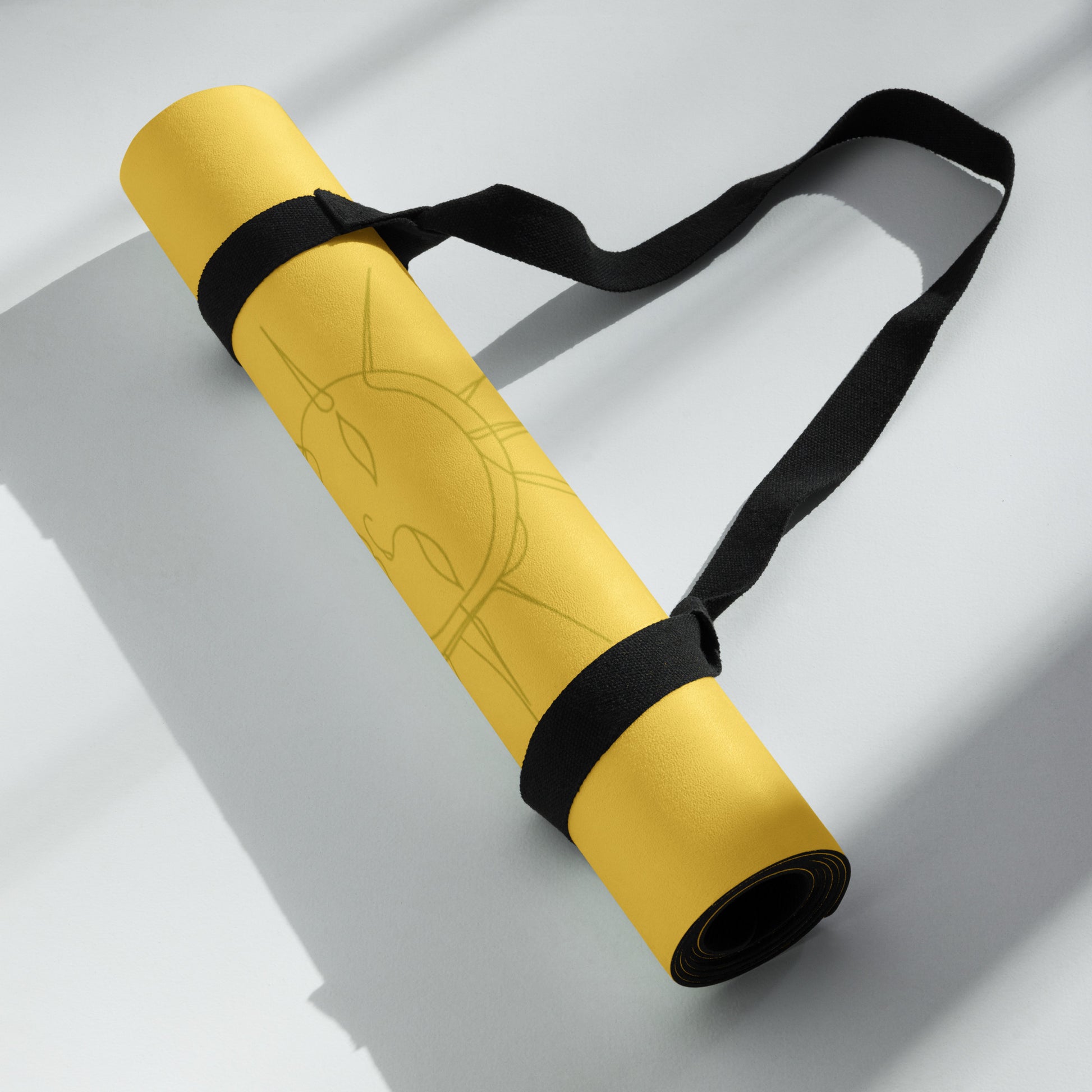 Radiant Yellow yoga mat rolled with carrying strap, portable eco-friendly yoga mat.