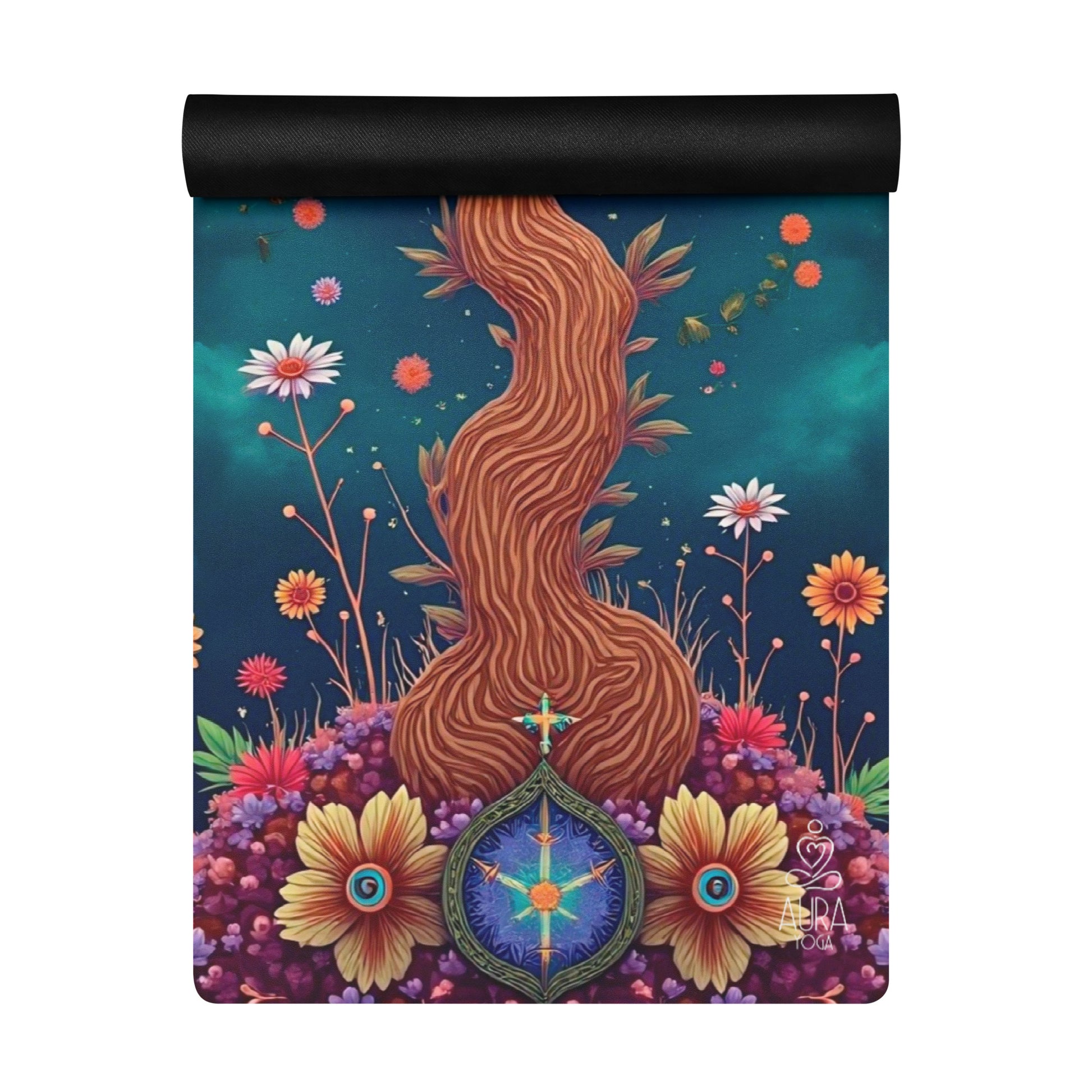 Rolled tree of life yoga mat with non slip bottom and suede top