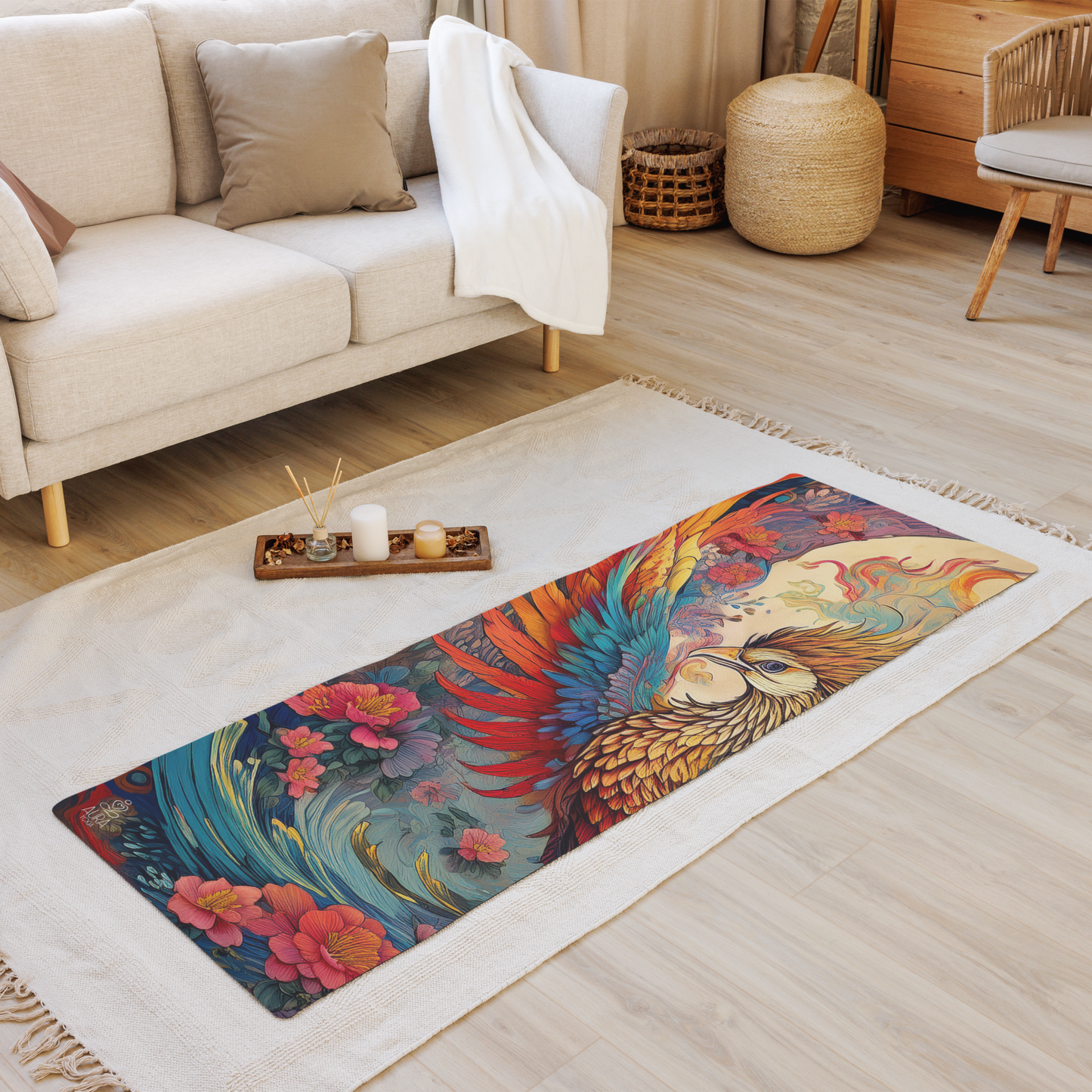 Colorful phoenix and floral design yoga mat on a wooden floor with a beige sofa.